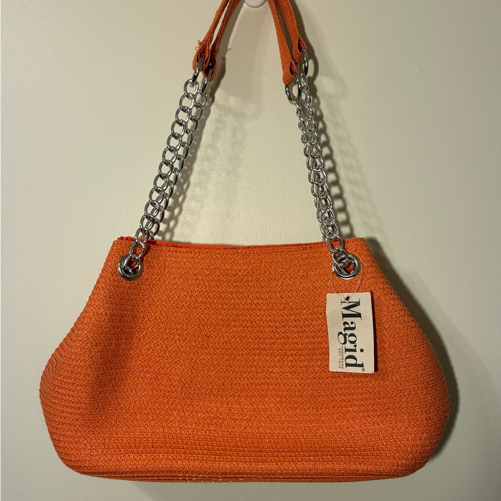 NWT Magid Orange Chain-Handle Straw Woven Shoulder Bag Summer Coastal Beach Vibe